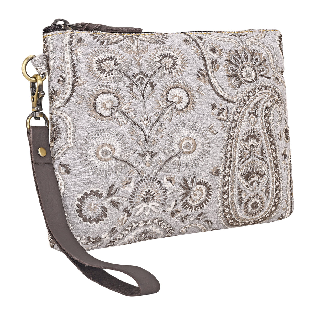Myra Cinderbluff Wristlet for Women in jacquard with leather strap, ivory paisley - Myra USA