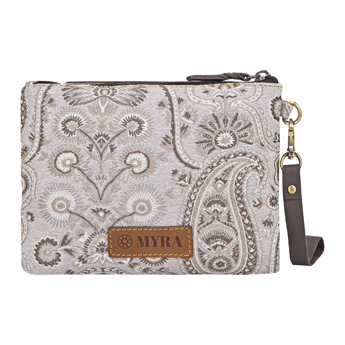 Myra Cinderbluff Wristlet for Women in jacquard with leather strap, ivory paisley - Myra USA