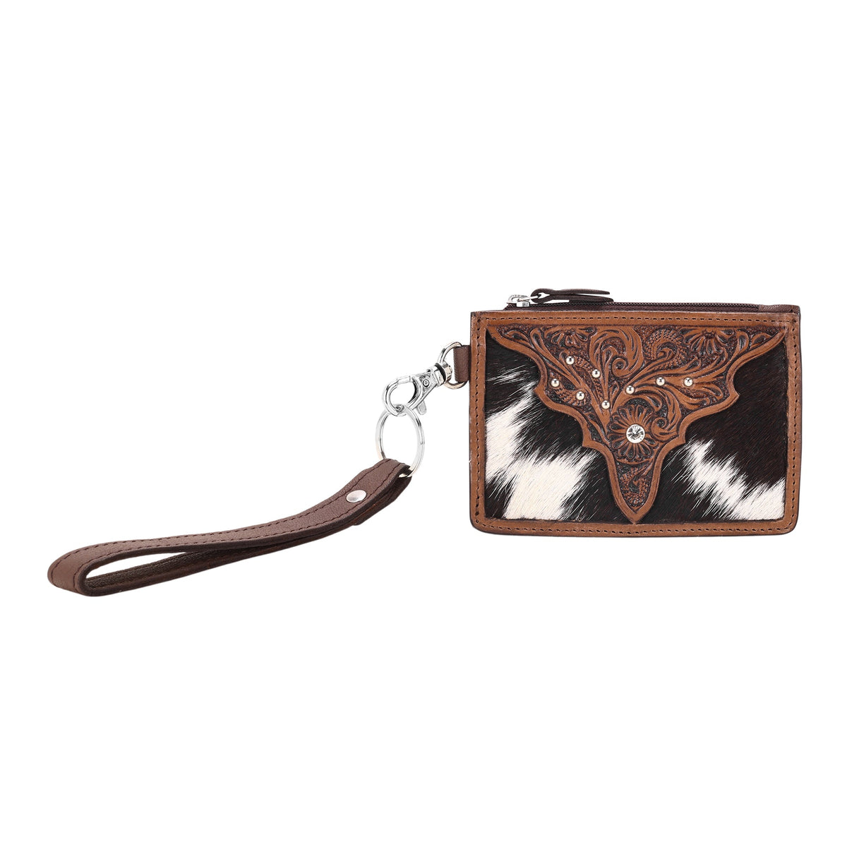 Myra Hand Hewn Card Holder for Women in brown with hair on and hand tooled detail - Myra USA