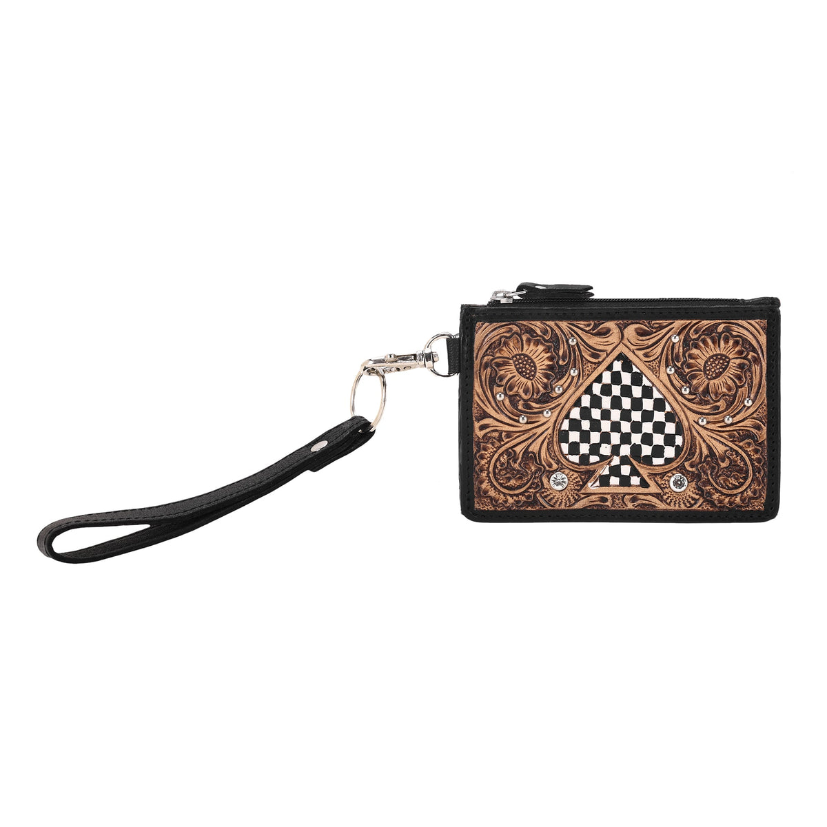 Myra Hand Hewn Card Holder for Women in black with hand tooled spade - Myra USA