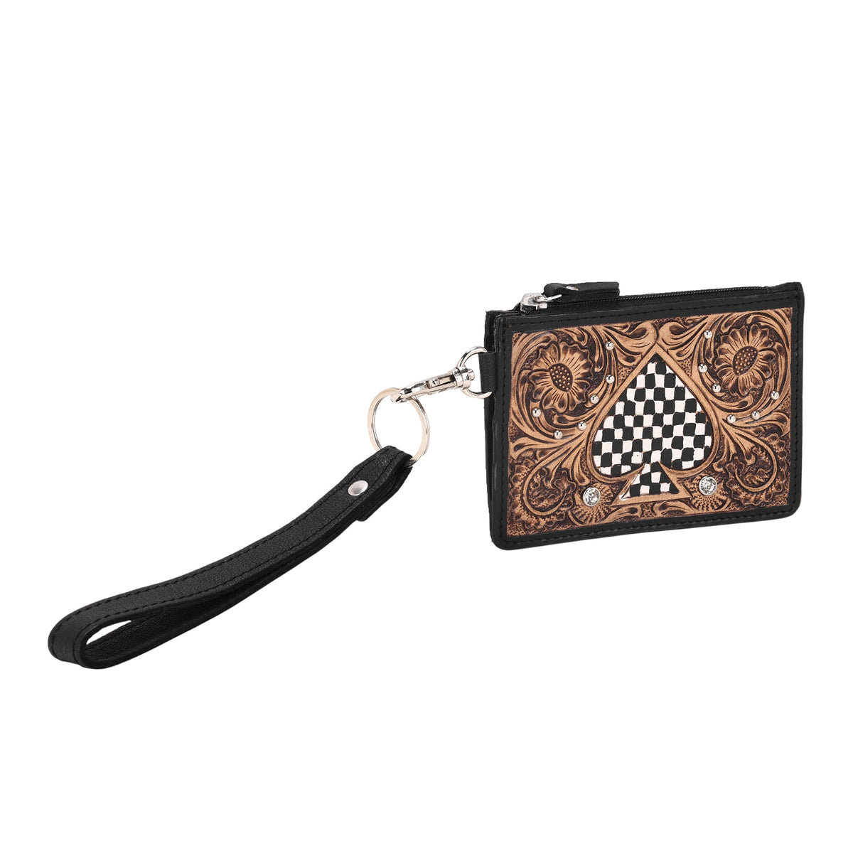 Myra Hand Hewn Card Holder for Women in black with hand tooled spade - Myra USA