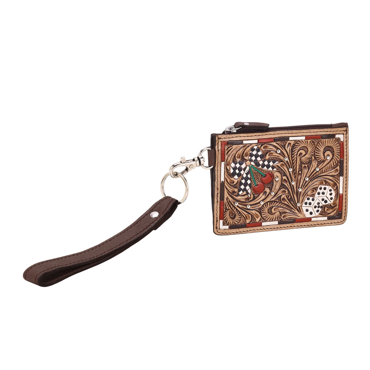 Myra Hand Hewn Card Holder for Women in tan with hand tooled dice and cherries - Myra USA