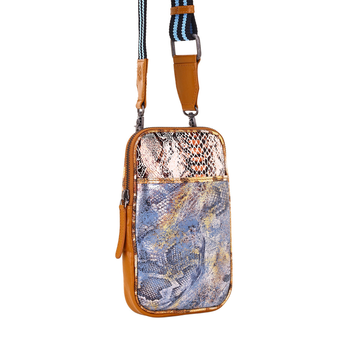 Myra Dryvale Cell Phone Holder for Women in blue with metallic leather and webbing strap - Myra USA