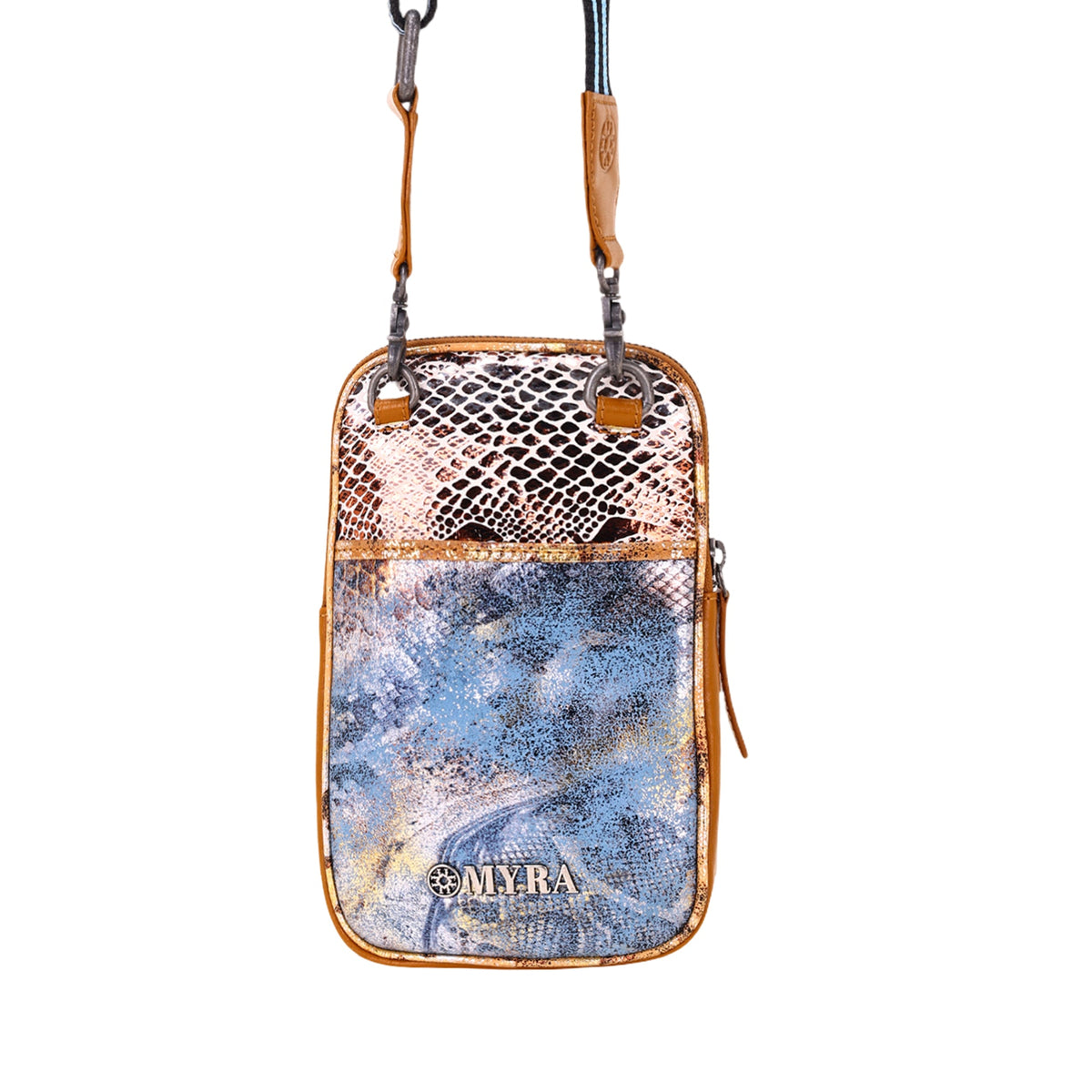 Myra Dryvale Cell Phone Holder for Women in blue with metallic leather and webbing strap - Myra USA