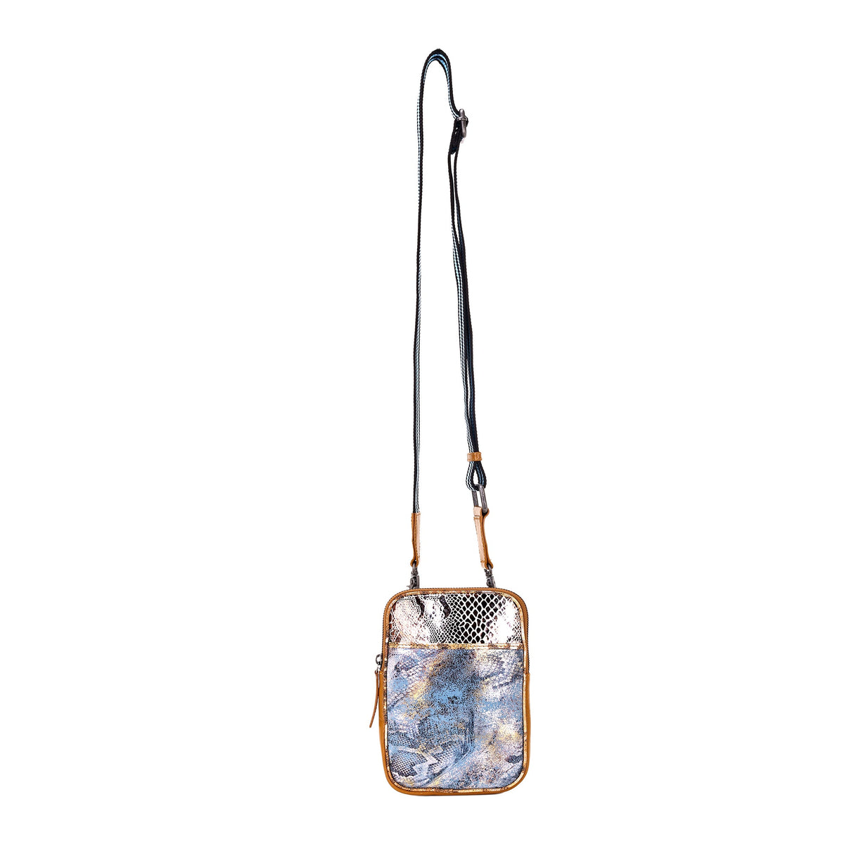 Myra Dryvale Cell Phone Holder for Women in blue with metallic leather and webbing strap - Myra USA