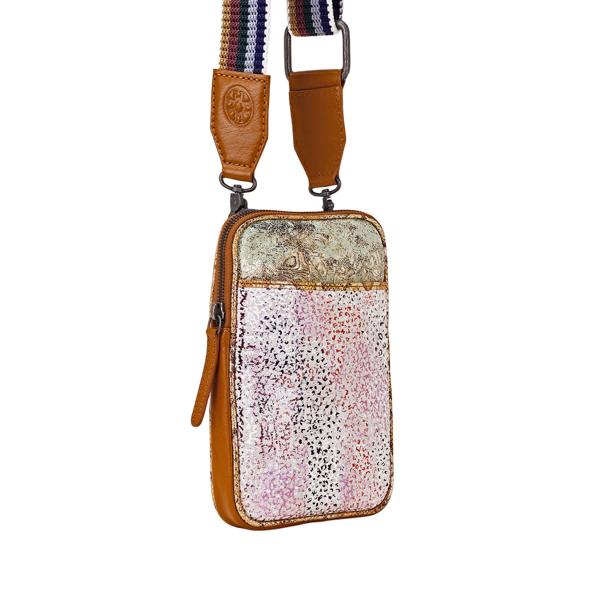 Myra Dryvale Cell Phone Holder for Women in ivory with metallic leather and webbing strap - Myra USA