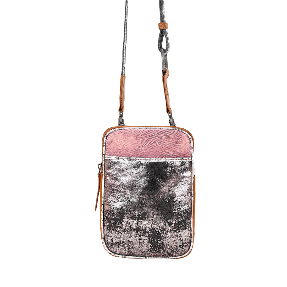 Myra Dryvale Cell Phone Holder for Women in pink with metallic leather and webbing strap - Myra USA