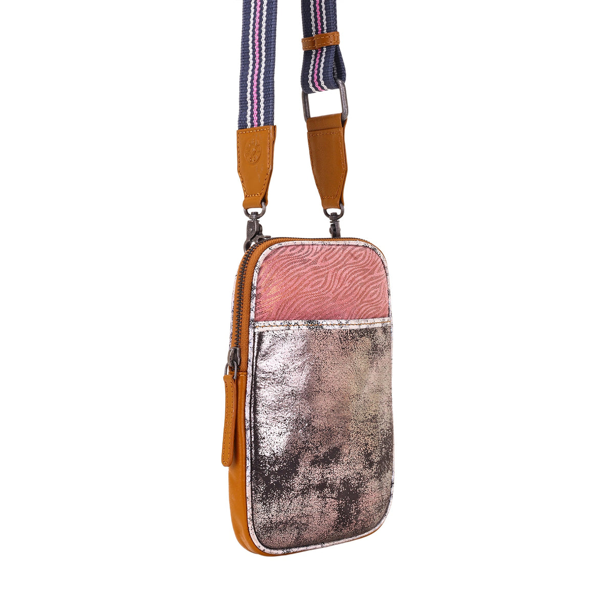 Myra Dryvale Cell Phone Holder for Women in pink with metallic leather and webbing strap - Myra USA