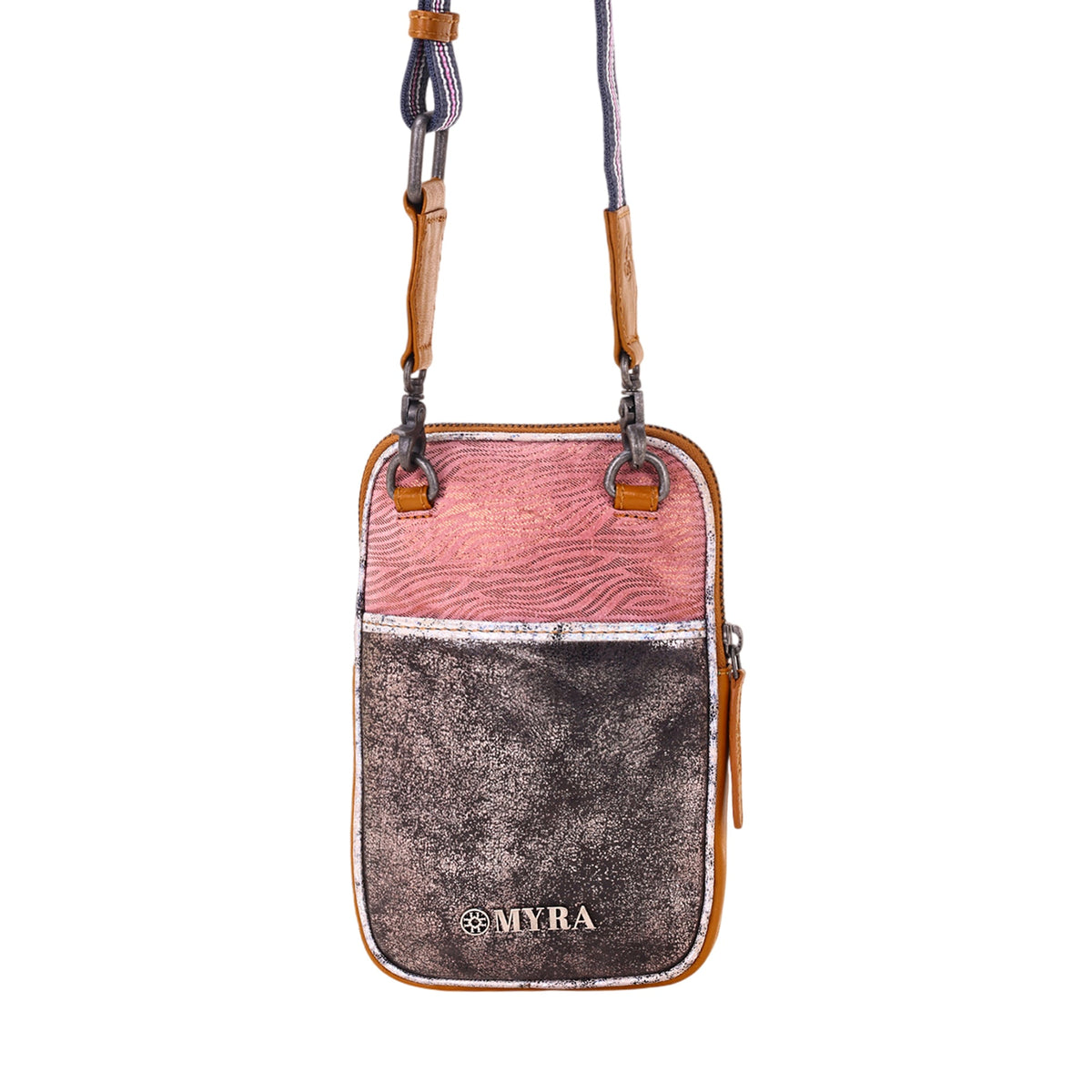 Myra Dryvale Cell Phone Holder for Women in pink with metallic leather and webbing strap - Myra USA