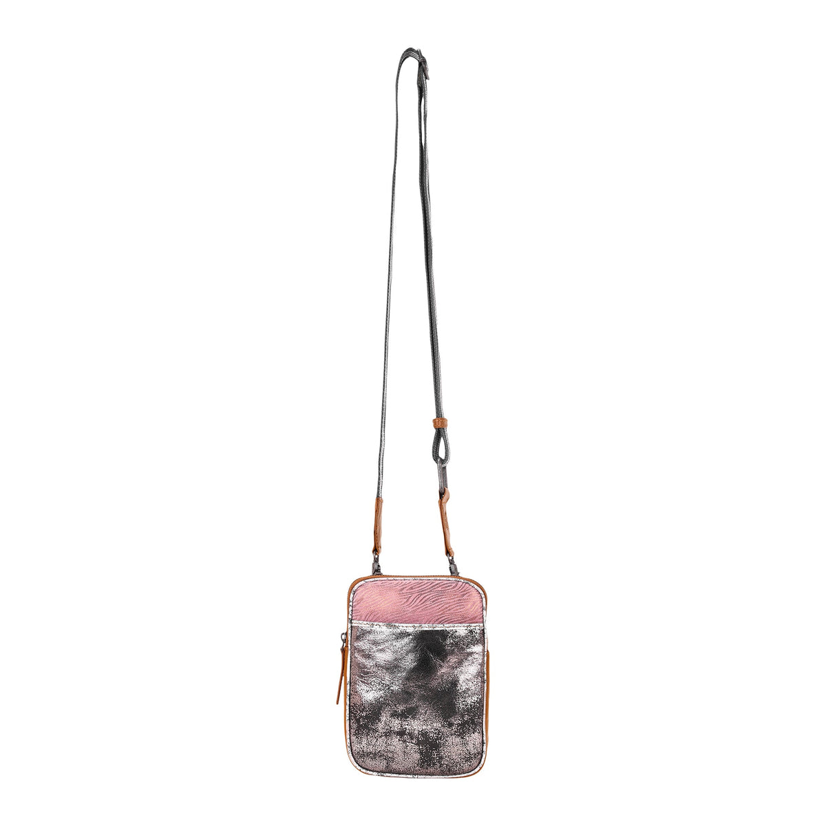 Myra Dryvale Cell Phone Holder for Women in pink with metallic leather and webbing strap - Myra USA