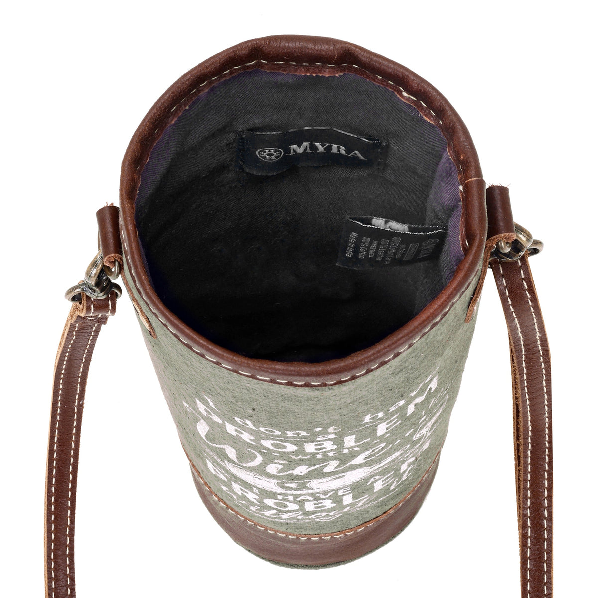 Myra Problem with Wine Bottle Carrier in olive with vintage print - Myra USA