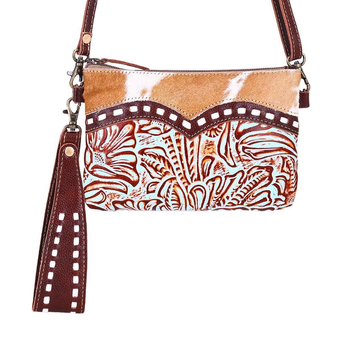 Myra Ocotillo Belt Bag for Women in turquoise with embossed leather and buckstitch - Myra USA
