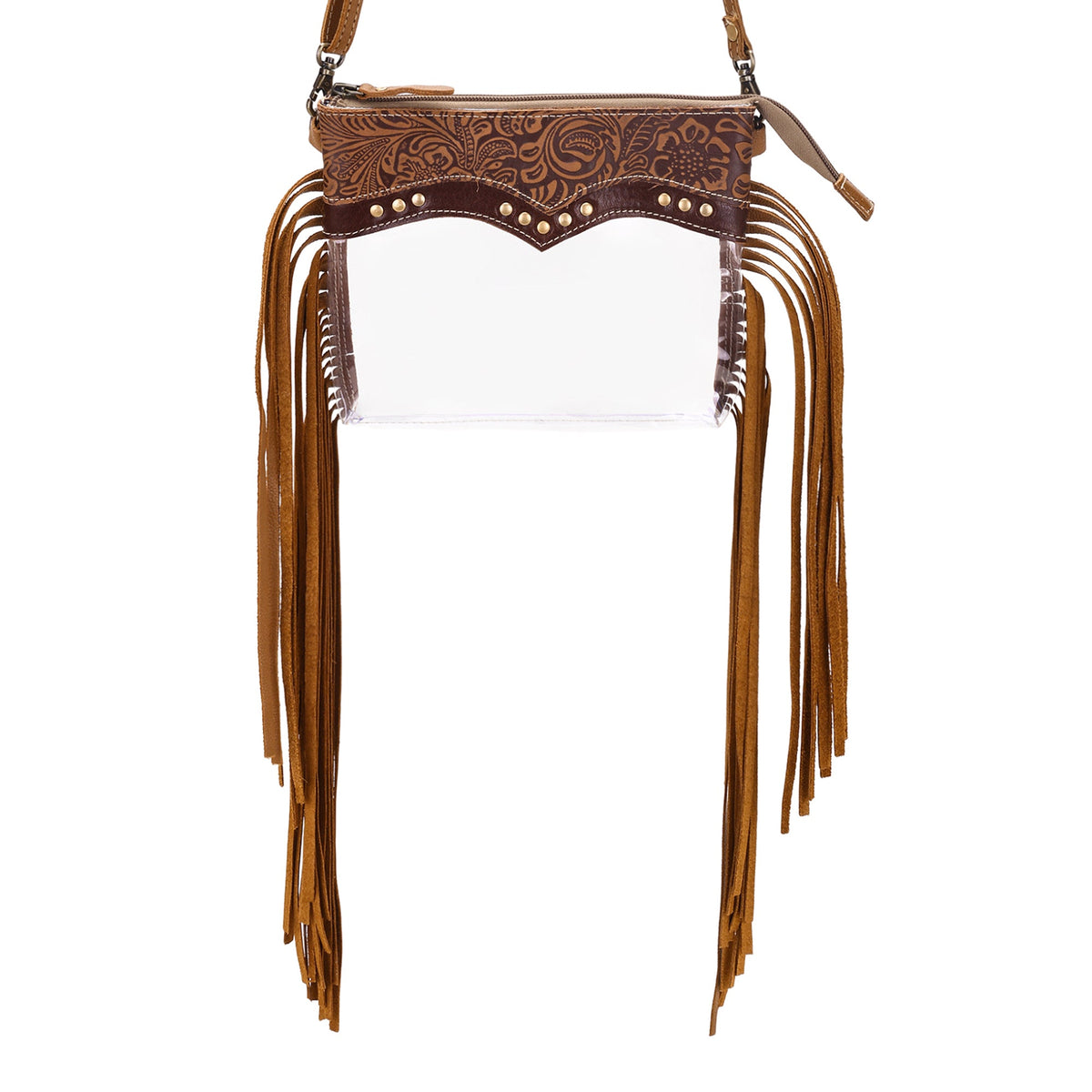 Myra Chuckline Clear Crossbody Bag for Women in tan with suede fringe - Myra USA