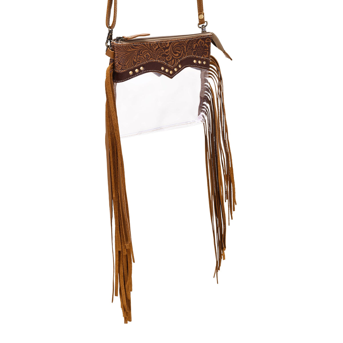 Myra Chuckline Clear Crossbody Bag for Women in tan with suede fringe - Myra USA