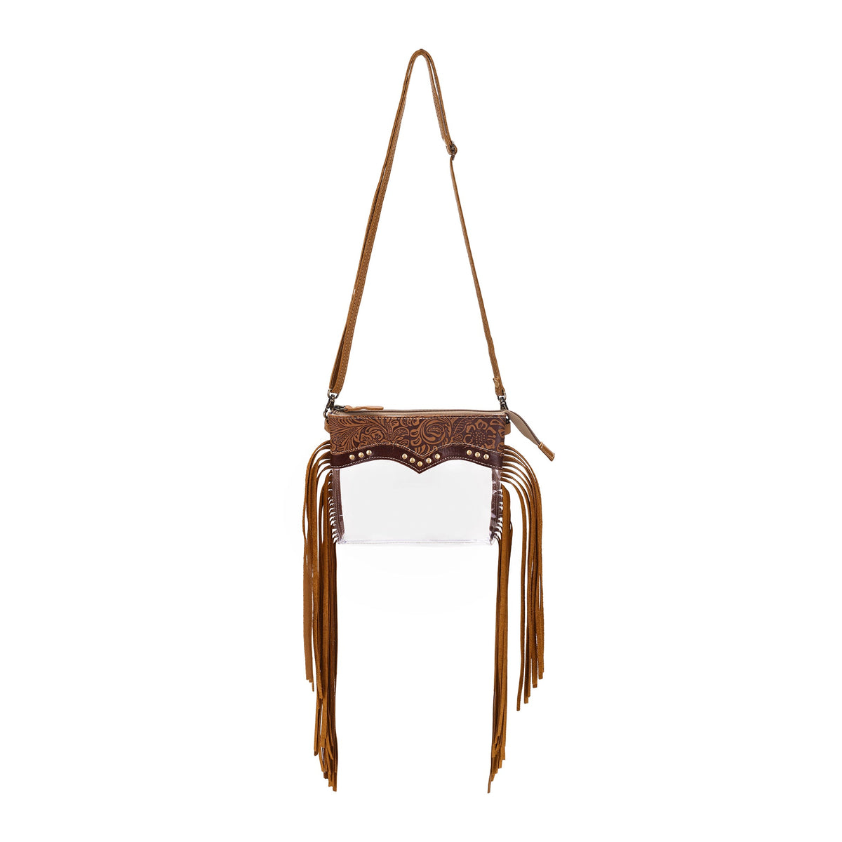 Myra Chuckline Clear Crossbody Bag for Women in tan with suede fringe - Myra USA