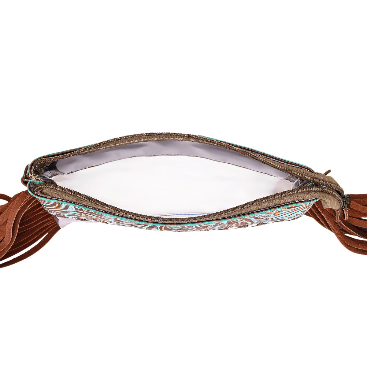 Myra Chuckline Clear Crossbody Bag for Women in tan with suede fringe - Myra USA