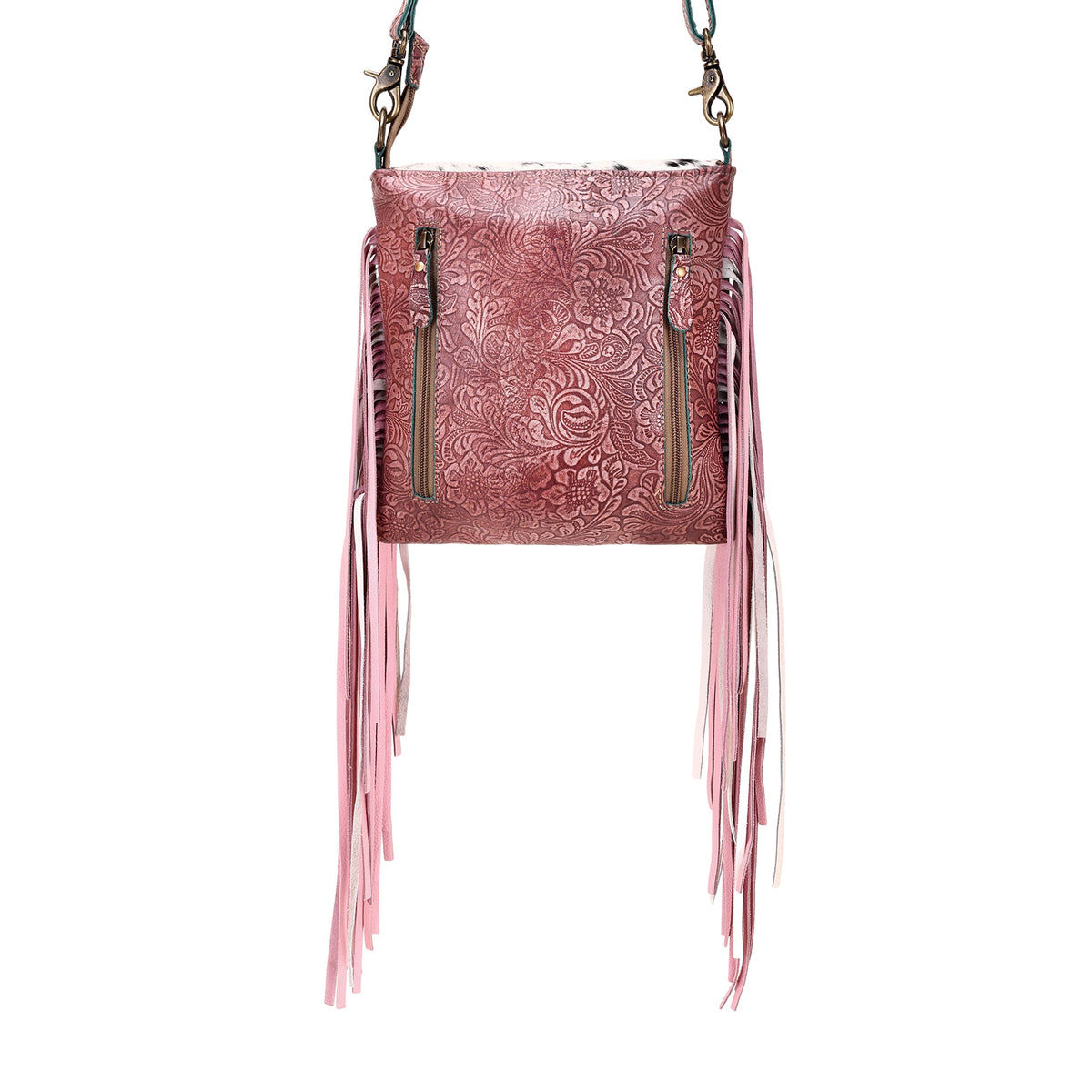 Myra Cobal Pink Concealed Carry Bag in Hair on Leather with embossed detailing and fringe - Myra USA