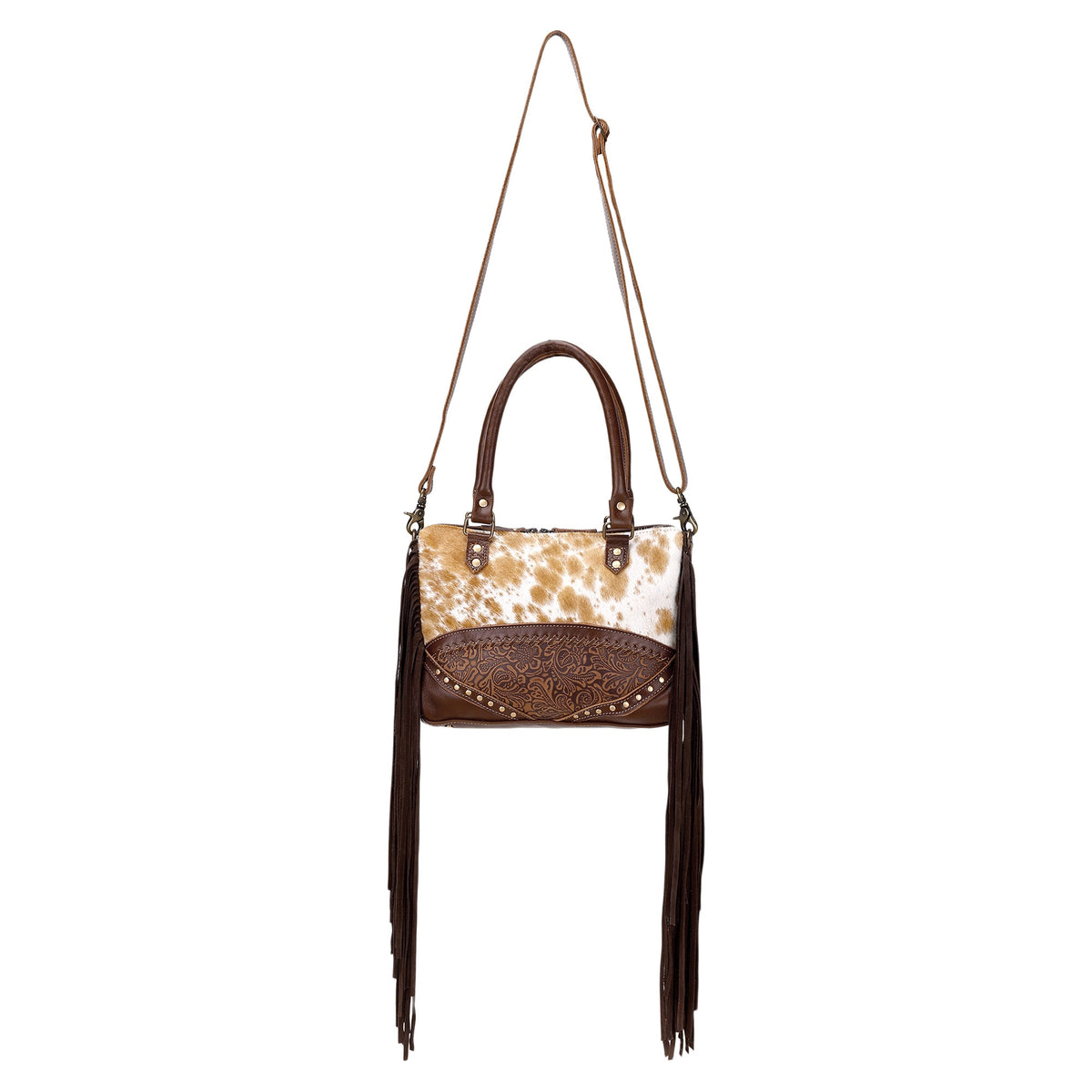 Myra Tan Freckles Concealed Carry Bag in Hair on Leather with Fringe and Tooled Trim - Myra USA