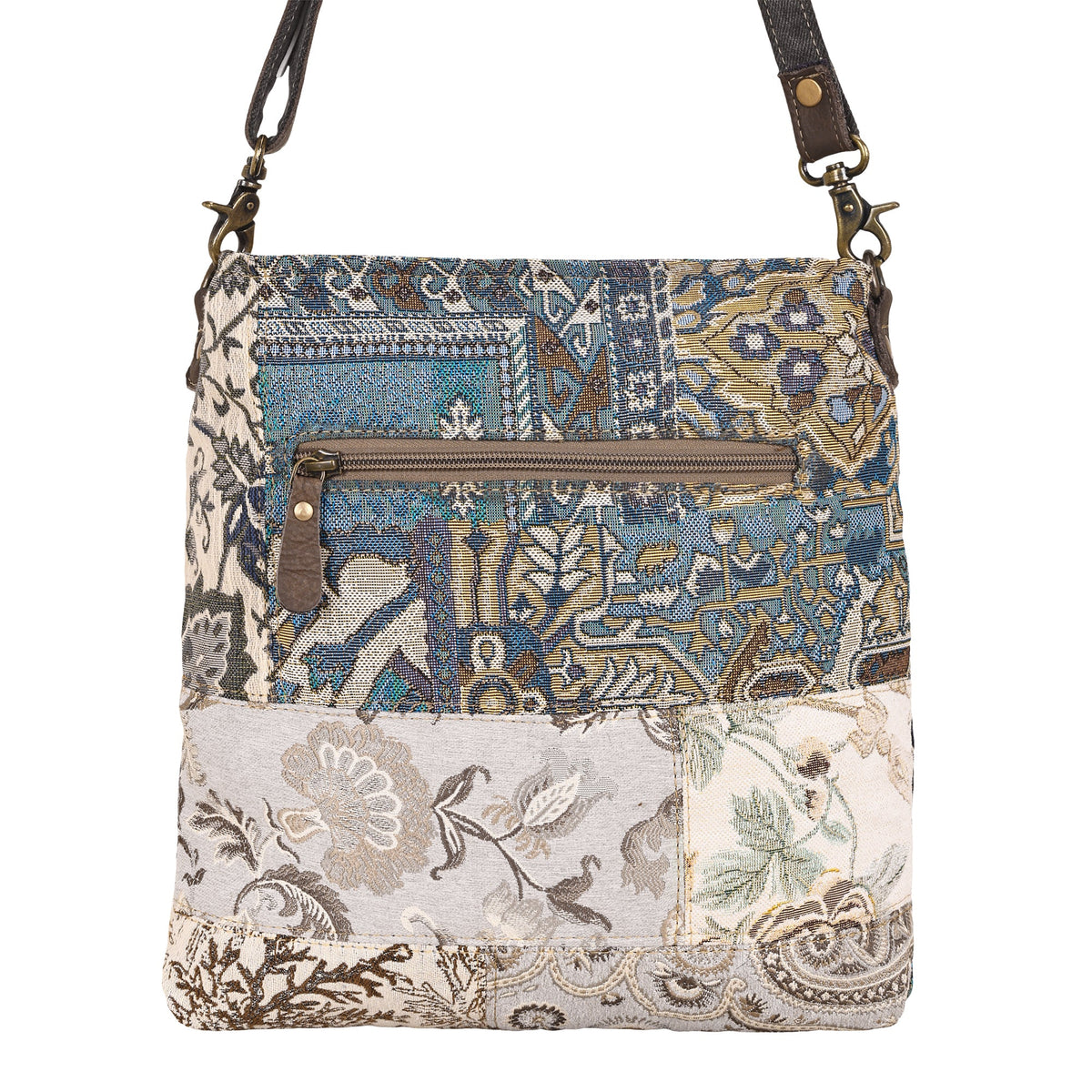 Myra Mossbloom Upcycled Canvas Bag for Women in cream with jacquard patchwork - Myra USA