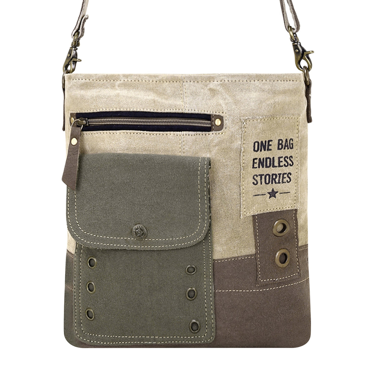 Myra Bricklebush Shoulder Bag for Women in olive with canvas patchwork - Myra USA