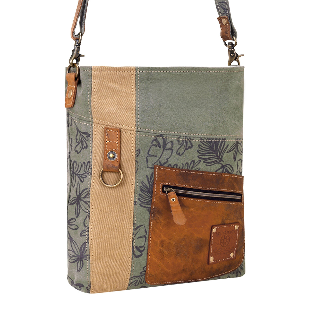 Myra Hopsage Upcycled Canvas Bag for Women in olive with leaf print - Myra USA