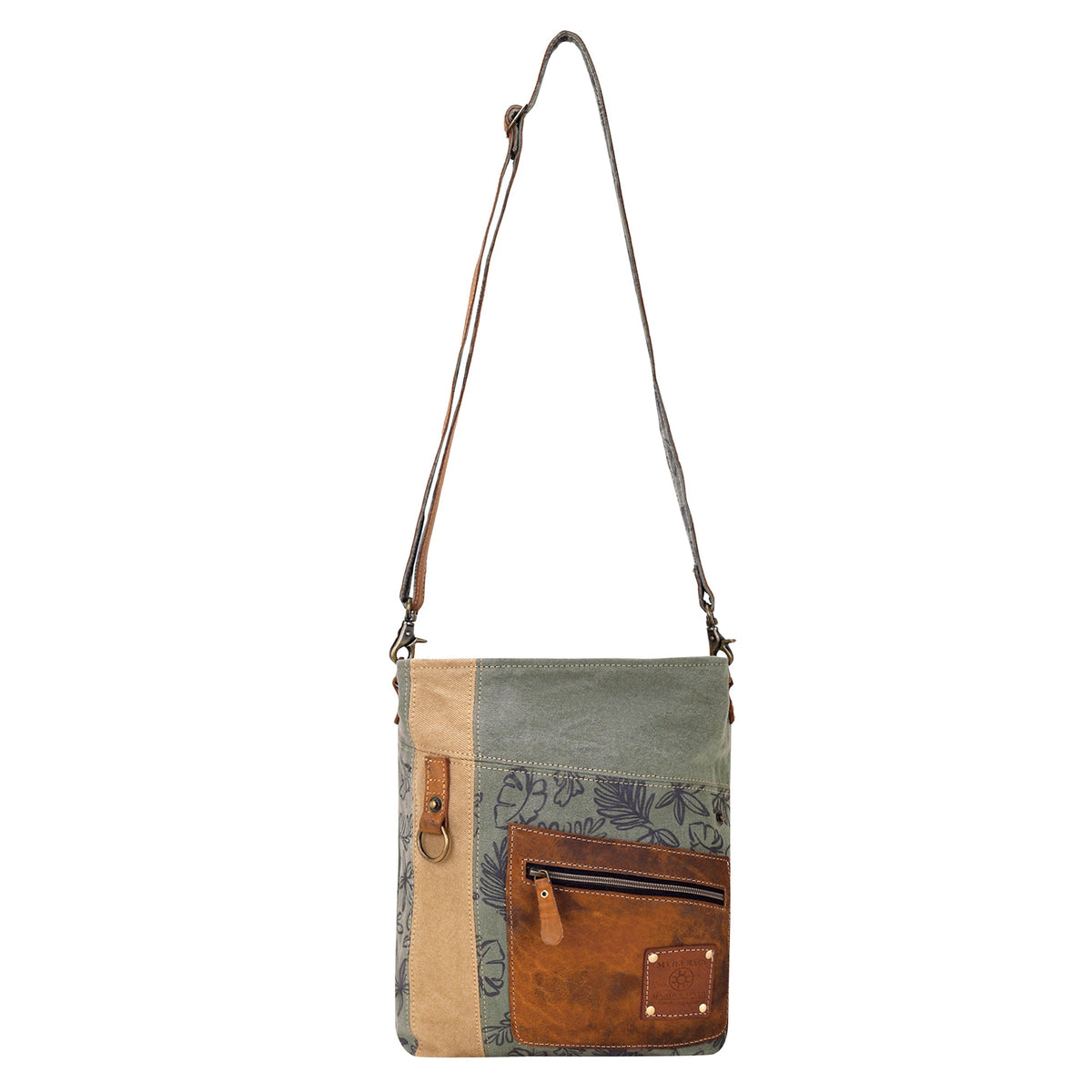 Myra Hopsage Upcycled Canvas Bag for Women in olive with leaf print - Myra USA
