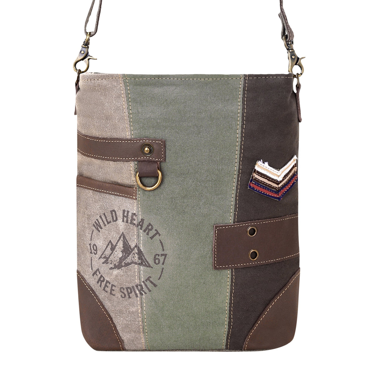 Myra Cenizo Upcycled Canvas Bag for Women in olive with chevron patch - Myra USA