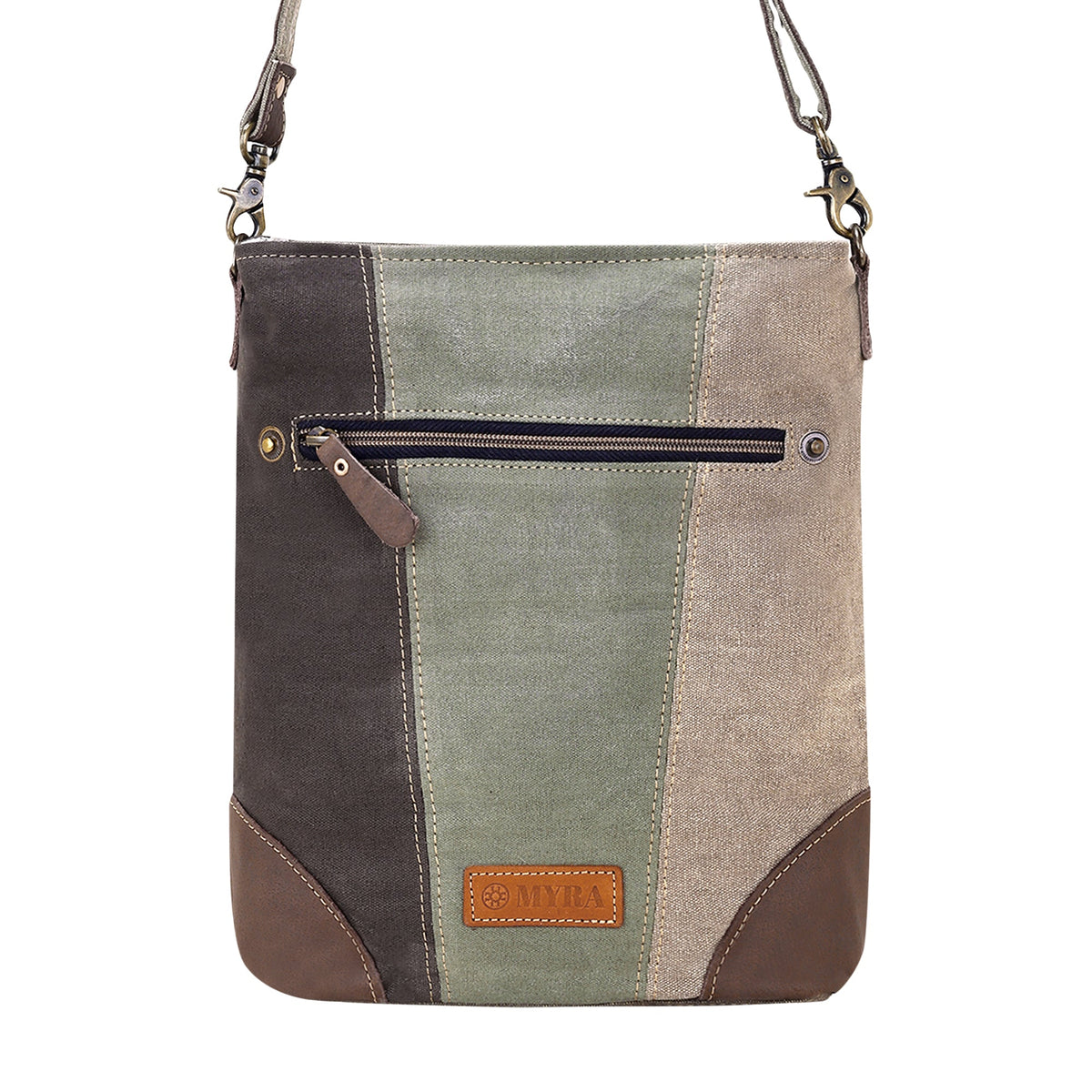 Myra Cenizo Upcycled Canvas Bag for Women in olive with chevron patch - Myra USA
