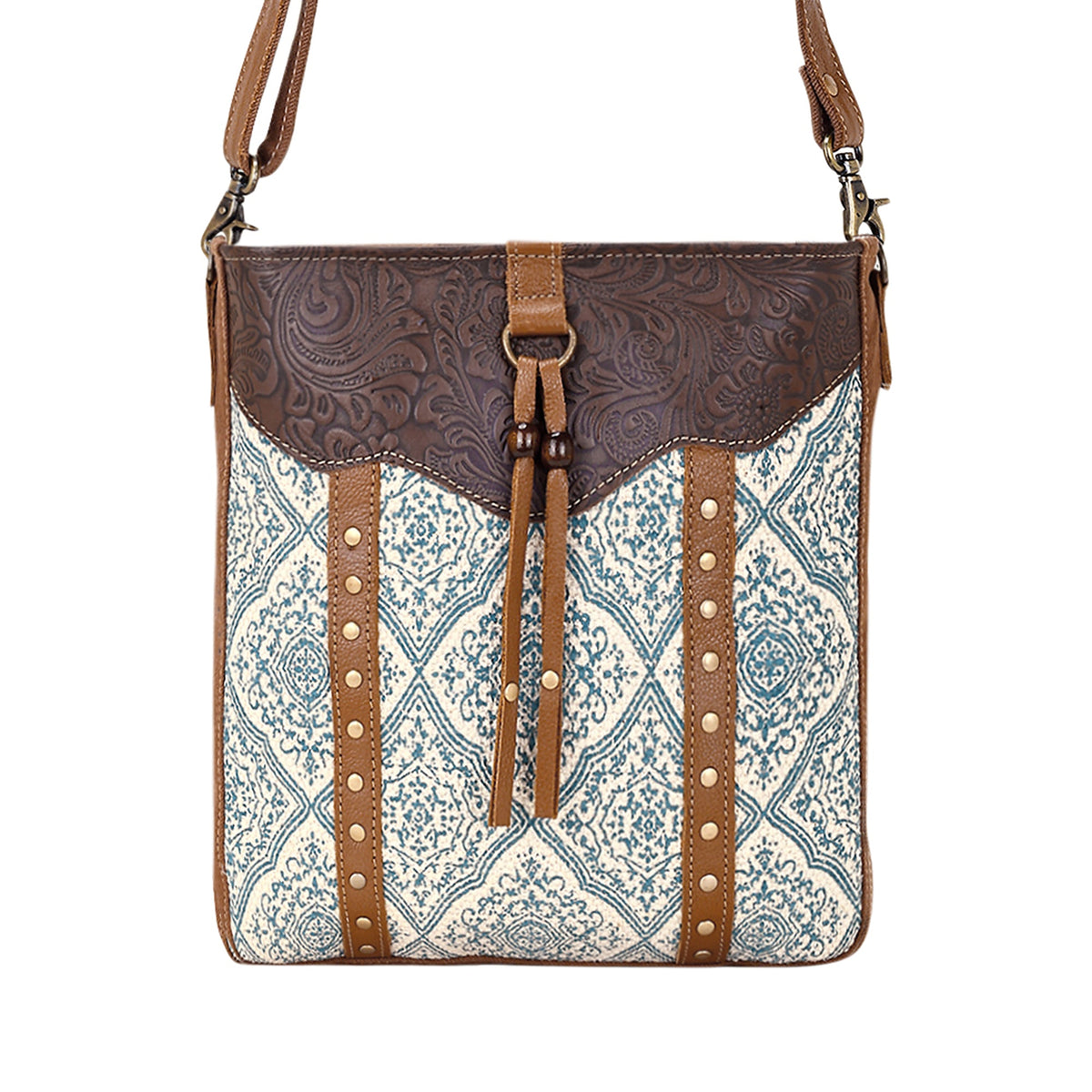 Myra Bitterbrush Upcycled Canvas Bag for Women in blue with block print - Myra USA