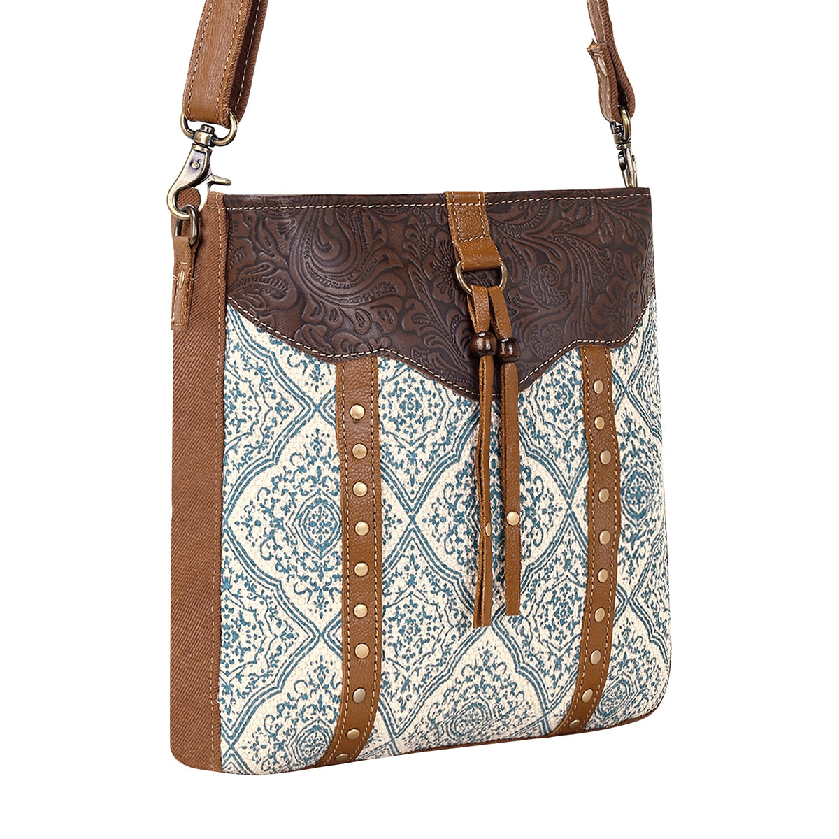 Myra Bitterbrush Upcycled Canvas Bag for Women in blue with block print - Myra USA