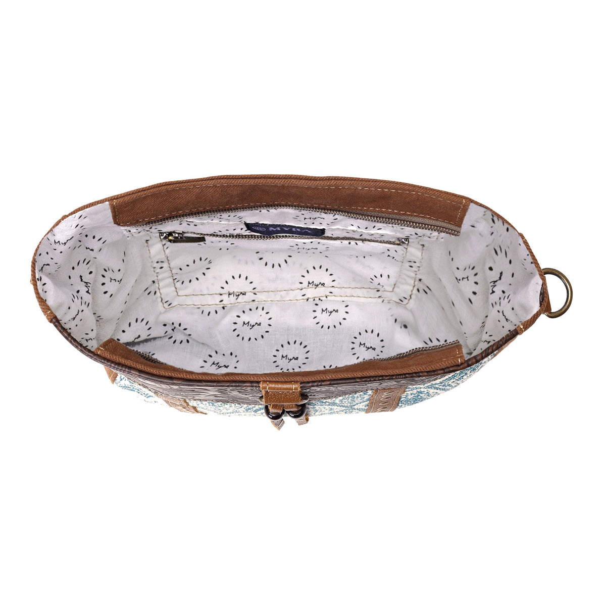 Myra Bitterbrush Upcycled Canvas Bag for Women in blue with block print - Myra USA