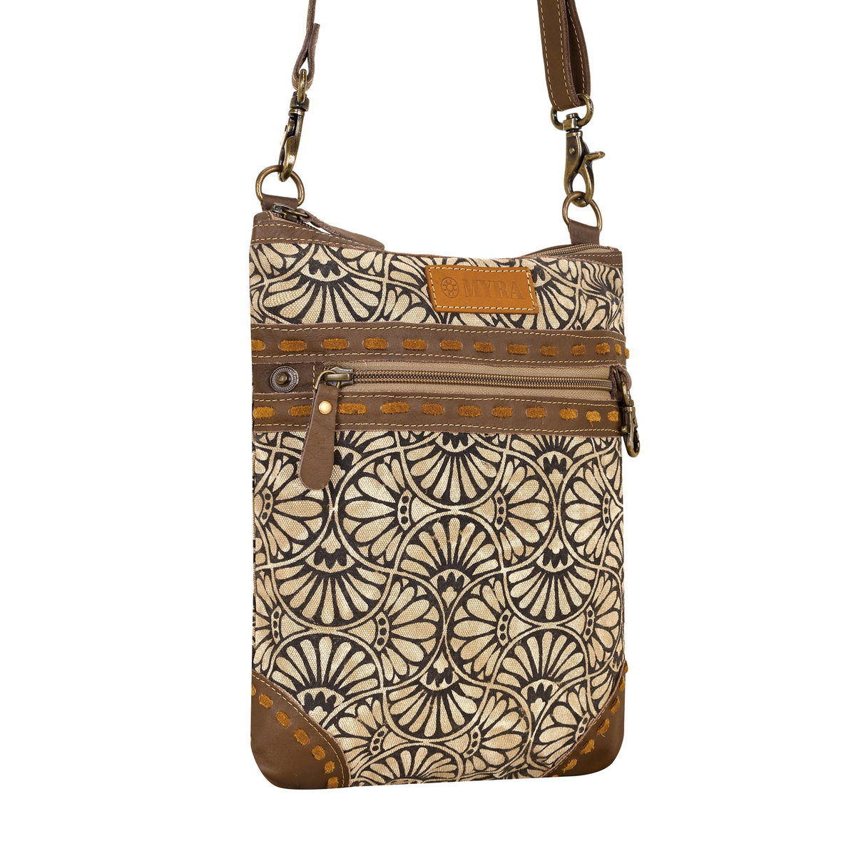 Myra Caprock Small Crossbody Bag with buckstitch trim in cream - Myra USA