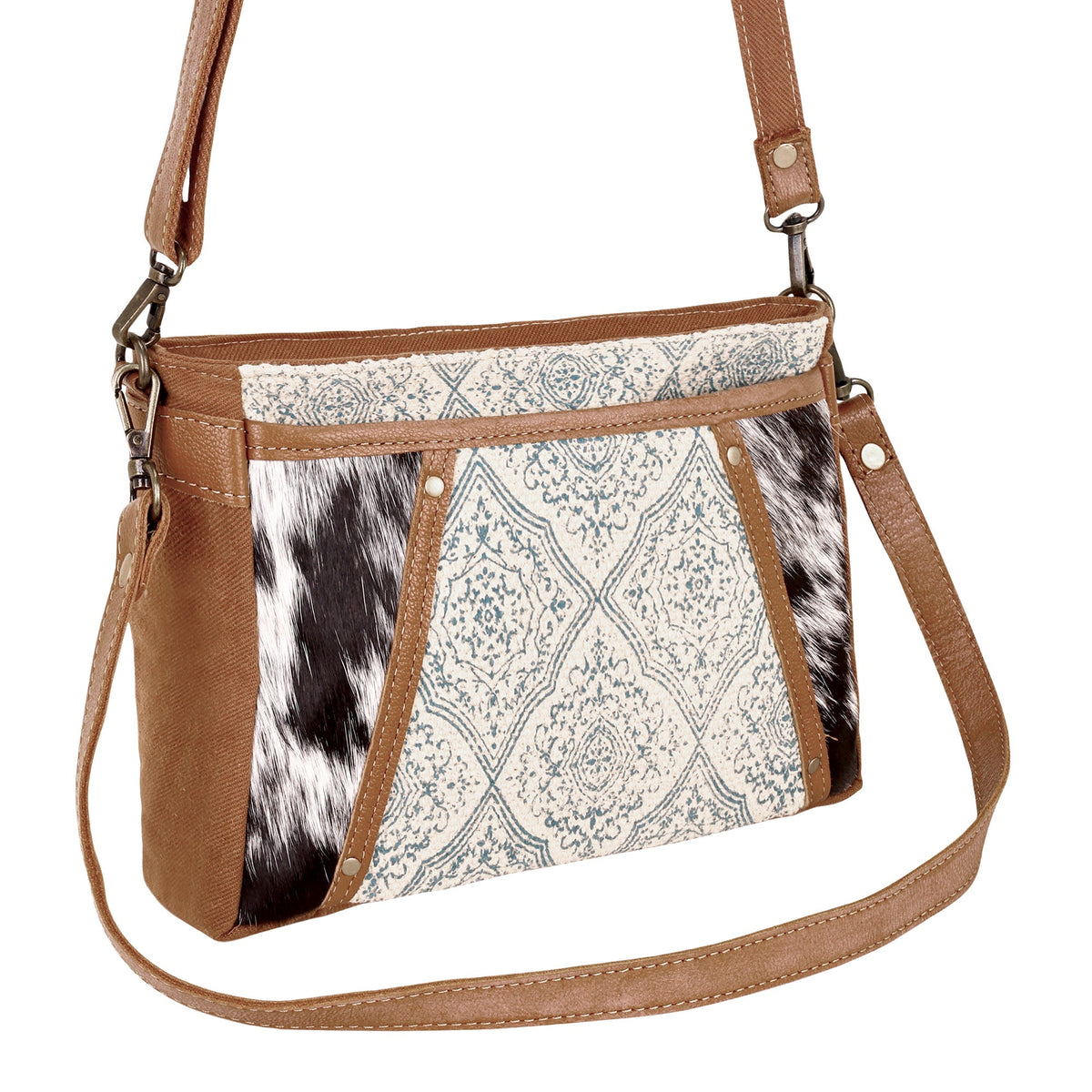 Myra Dual Strap Small Crossbody Bag in blue with hair on - Myra USA