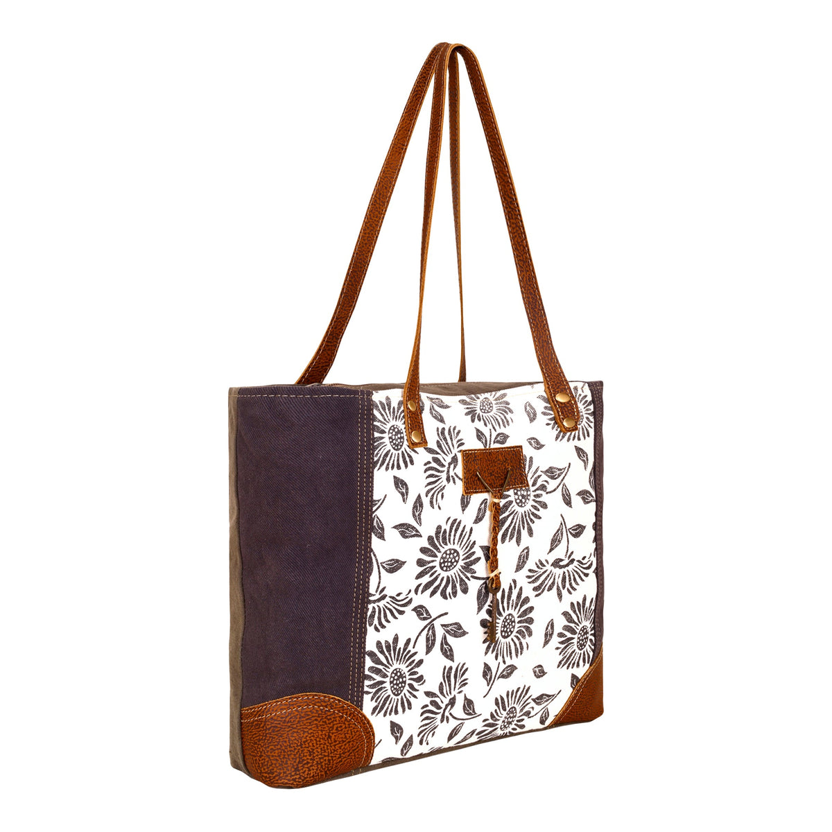 Myra Abstract Key Tote Bag in cream with sunflower print - Myra USA