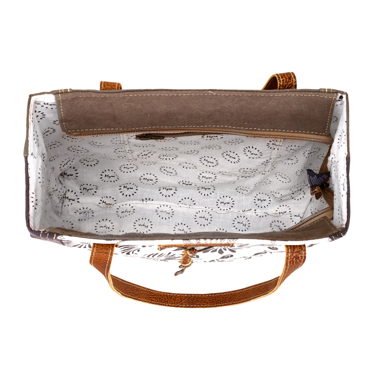Myra Abstract Key Tote Bag in cream with sunflower print - Myra USA