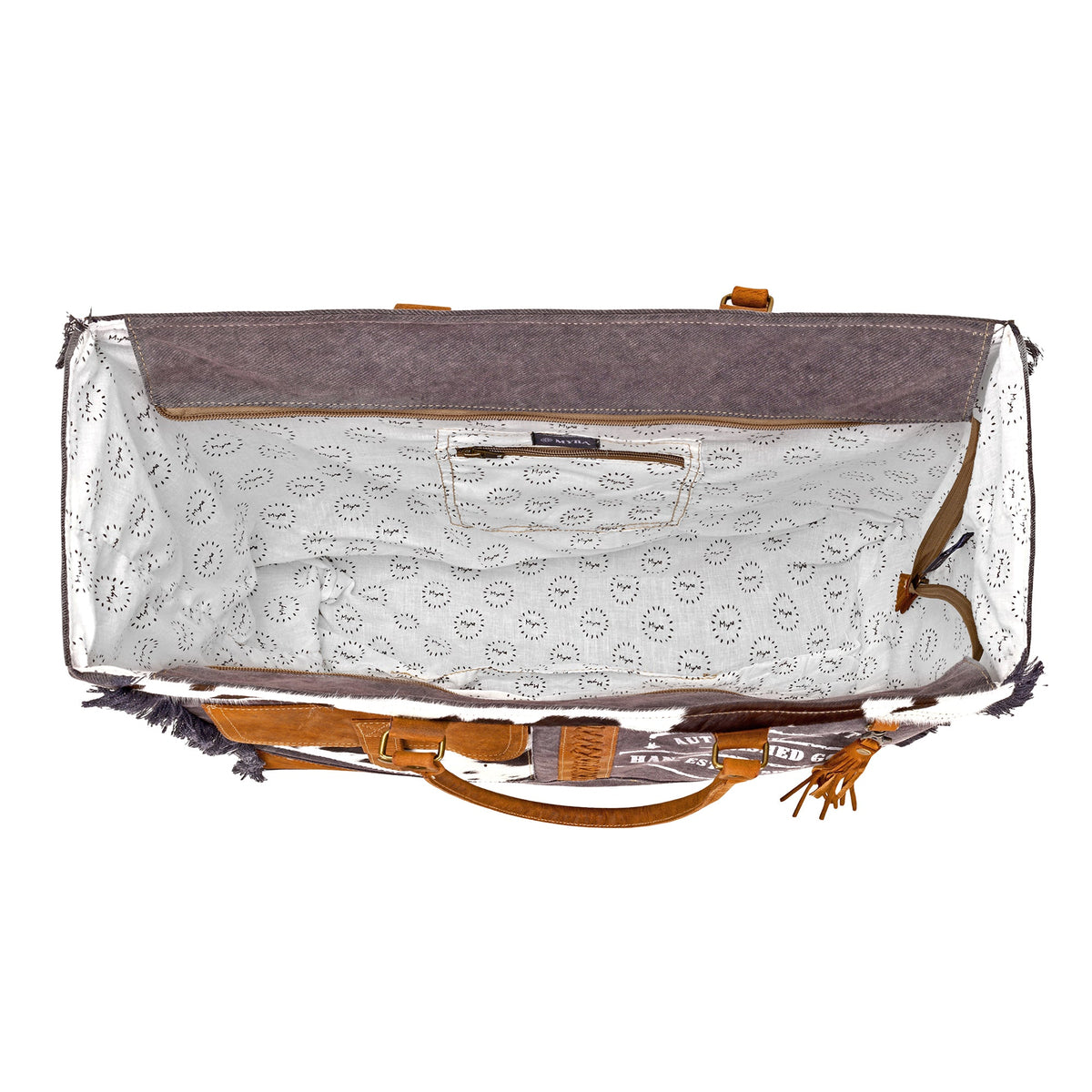 Myra Dakota Trail Hairon Leather Weekender Bag in charcoal with rustic fringe - Myra USA
