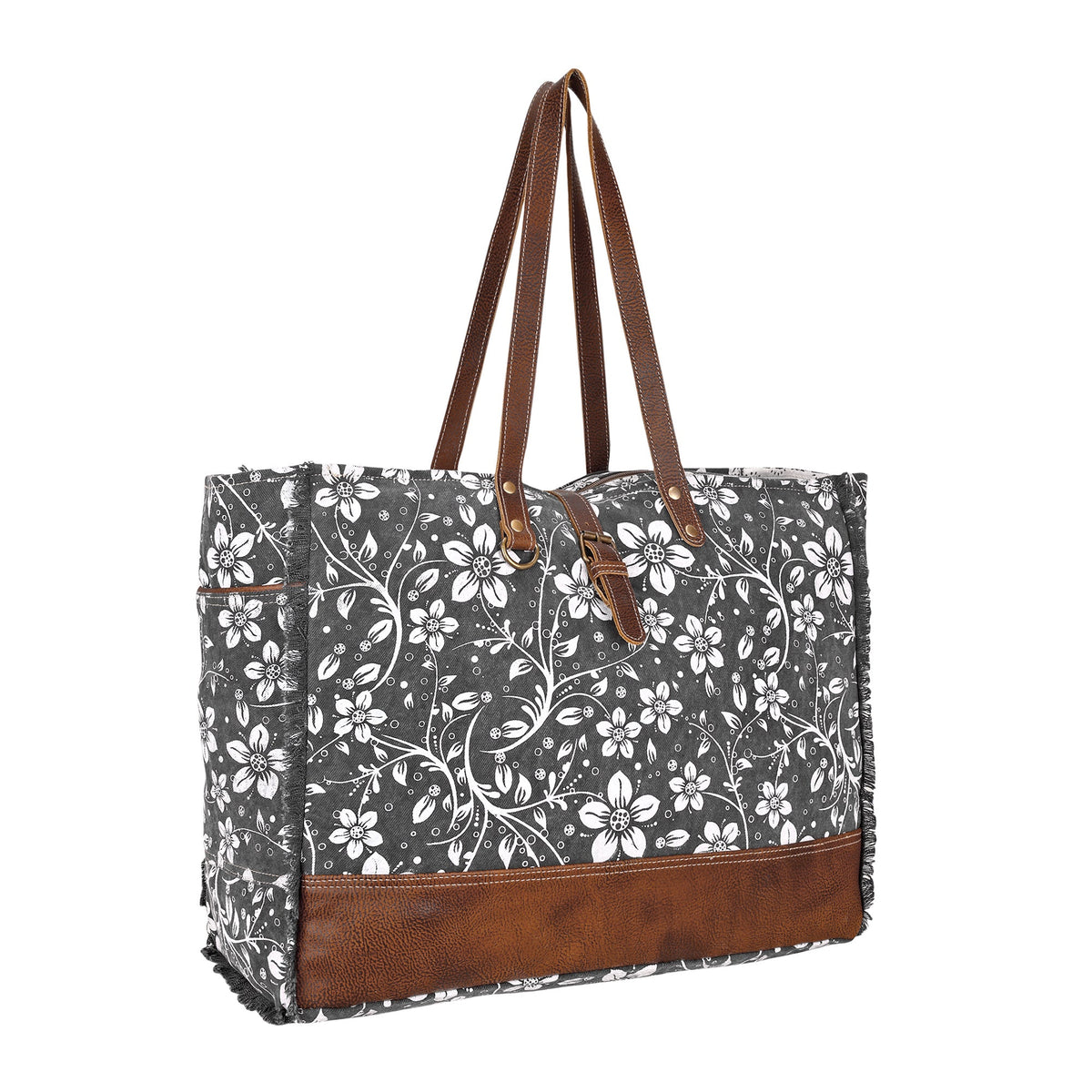 Myra Anemone Weekender Bag in charcoal with floral print - Myra USA