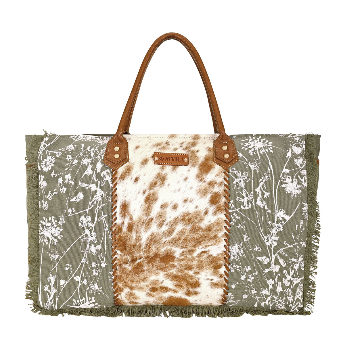 Myra Globemallow Weekender Bag for Women in olive with hair on and floral print - Myra USA