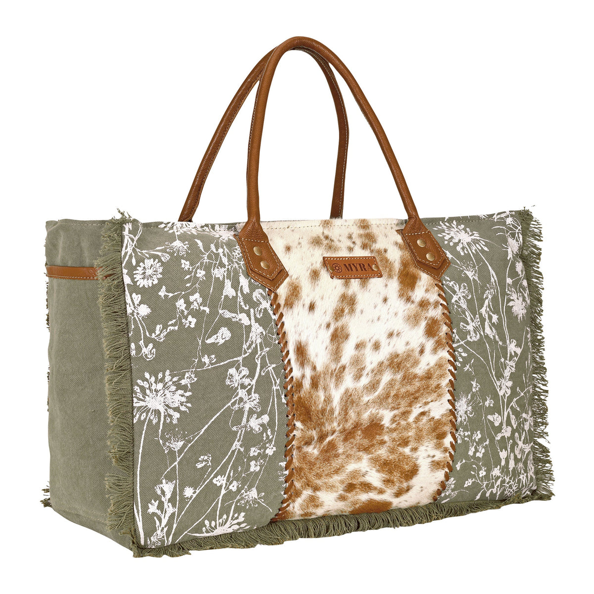 Myra Globemallow Weekender Bag for Women in olive with hair on and floral print - Myra USA