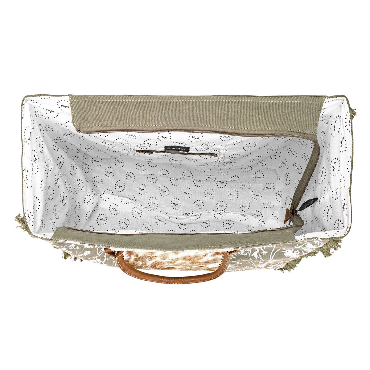 Myra Globemallow Weekender Bag for Women in olive with hair on and floral print - Myra USA
