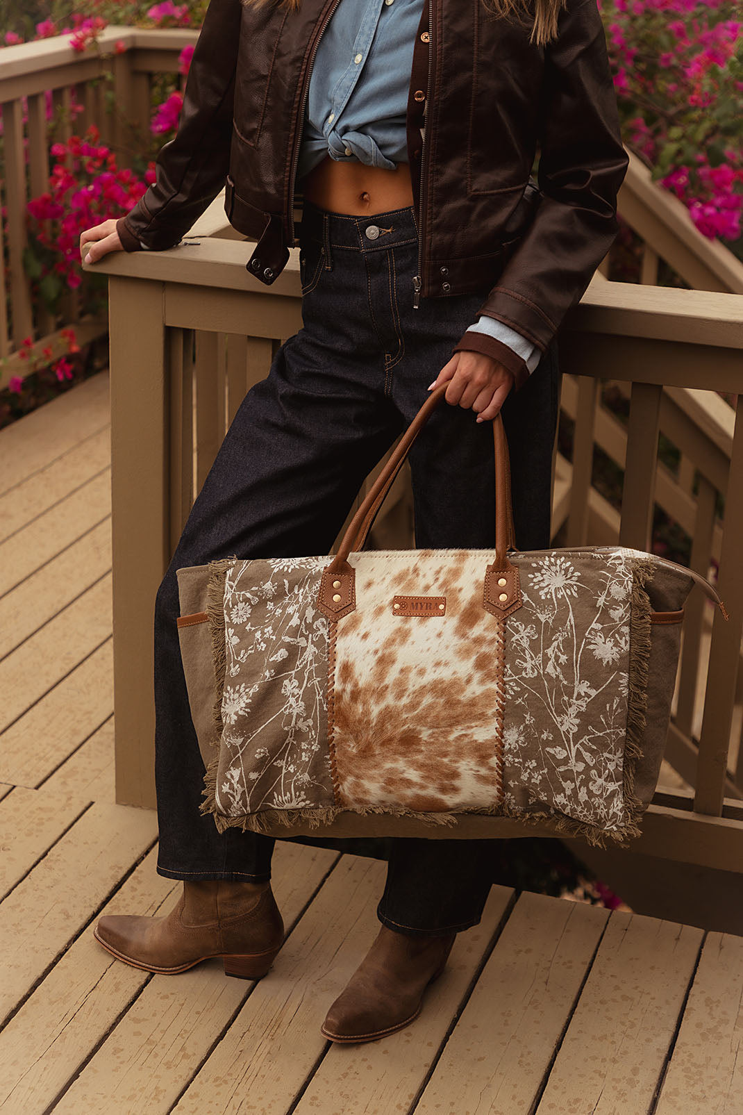 Myra Globemallow Weekender Bag for Women in olive with hair on and floral print - Myra USA
