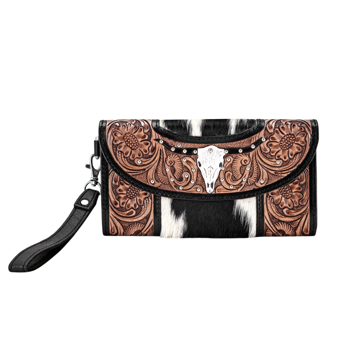 Myra Sandstone Trail Wristlet Wallet for Women in black with hair on and hand tooled steer skull - Myra USA
