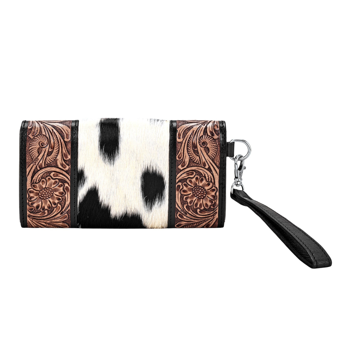 Myra Sandstone Trail Wristlet Wallet for Women in black with hair on and hand tooled steer skull - Myra USA