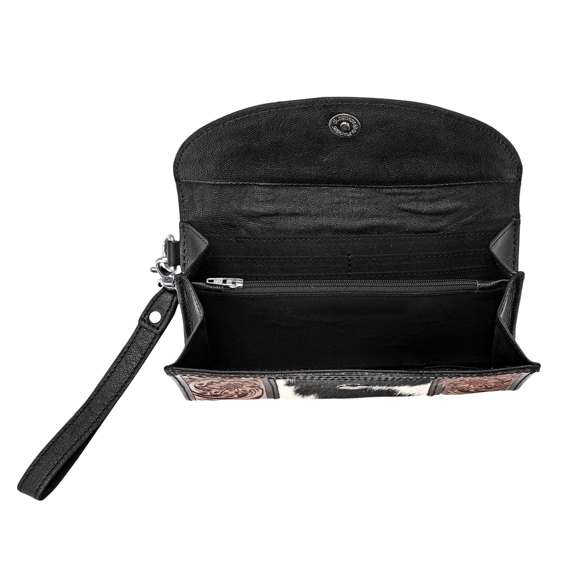 Myra Sandstone Trail Wristlet Wallet for Women in black with hair on and hand tooled steer skull - Myra USA