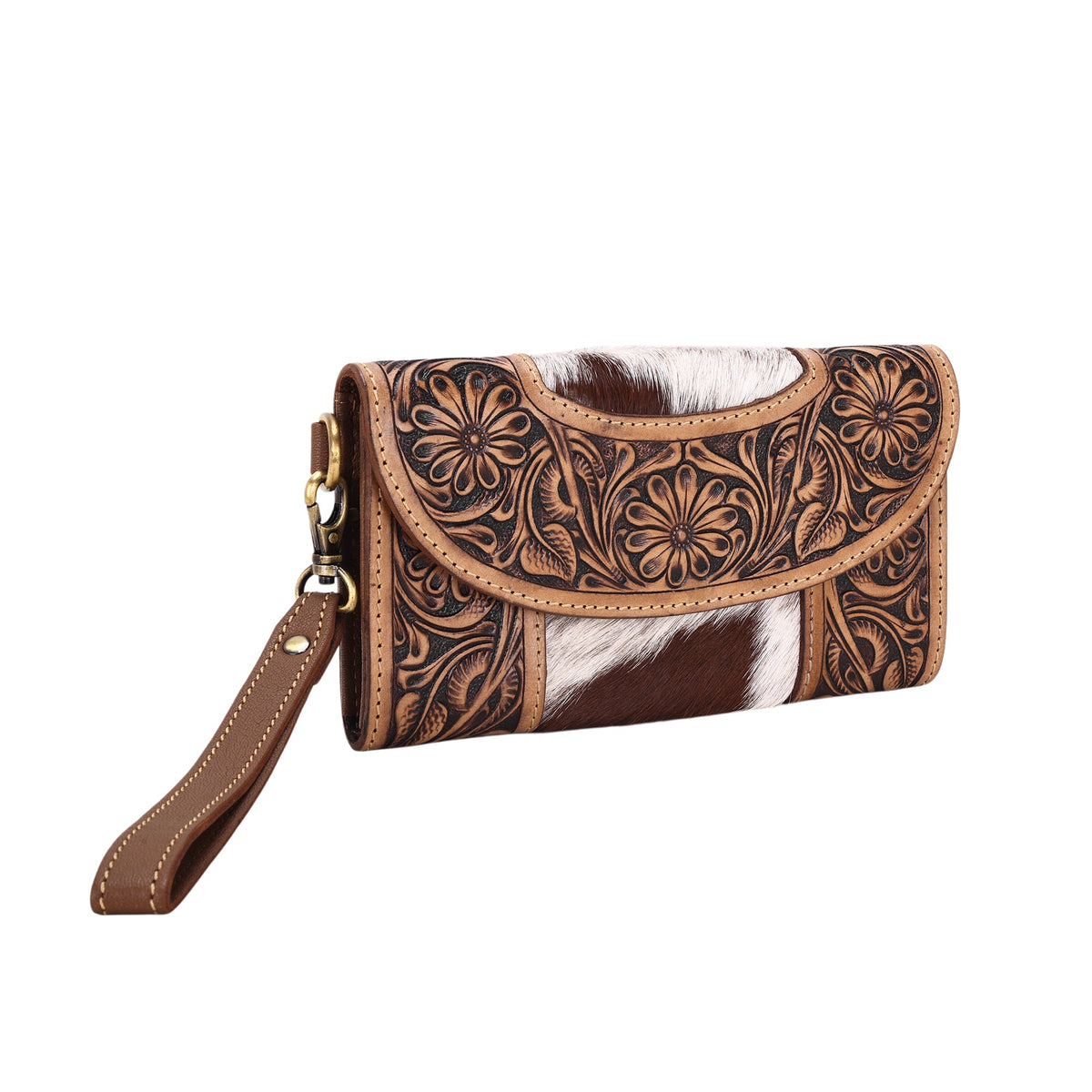 Myra Sandstone Trail Wristlet Wallet for Women in tan with hair on and hand tooled leather - Myra USA