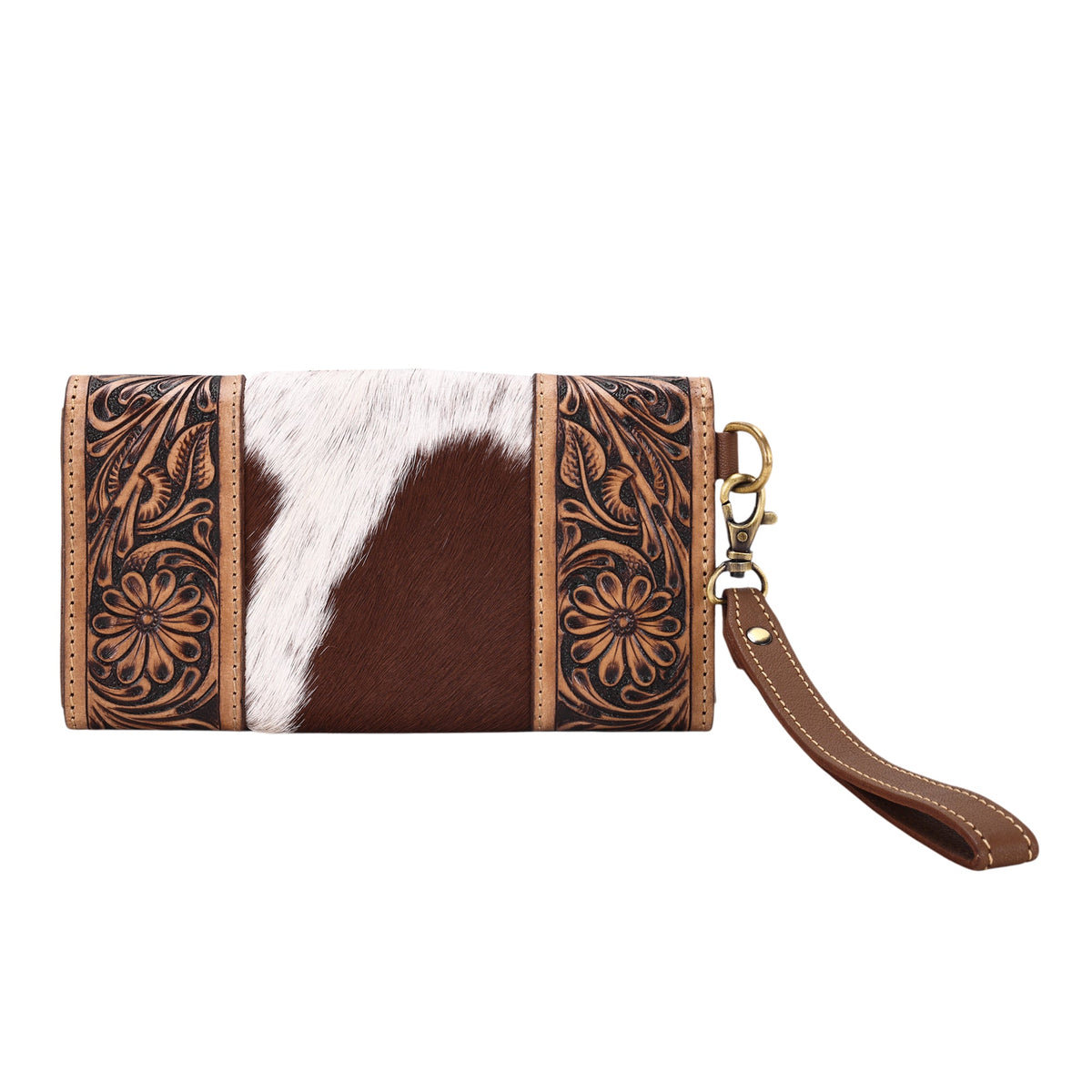 Myra Sandstone Trail Wristlet Wallet for Women in tan with hair on and hand tooled leather - Myra USA