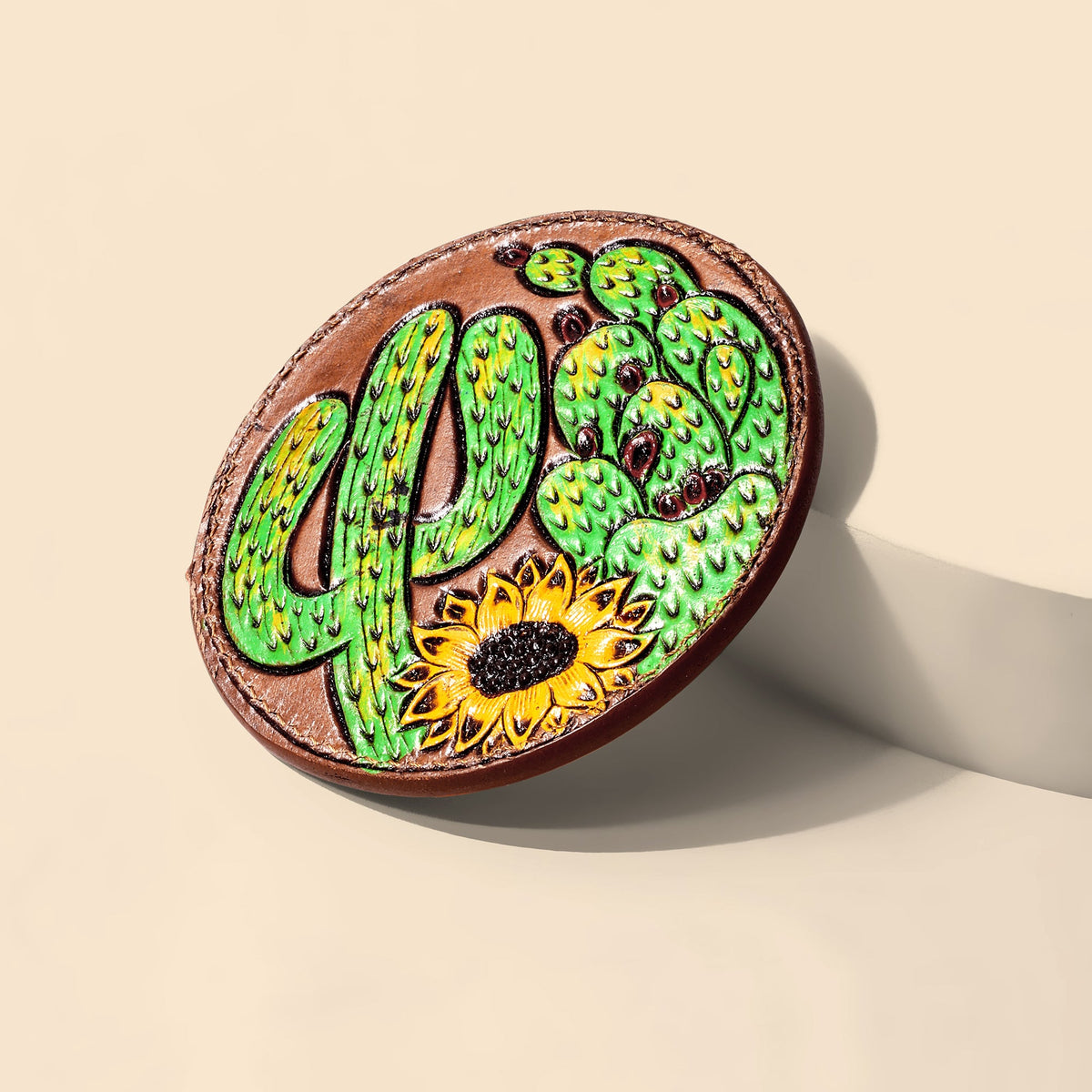 Myra Cinder Vale Mirror Case for Women in tan with hand tooled cactus and sunflower - Myra USA