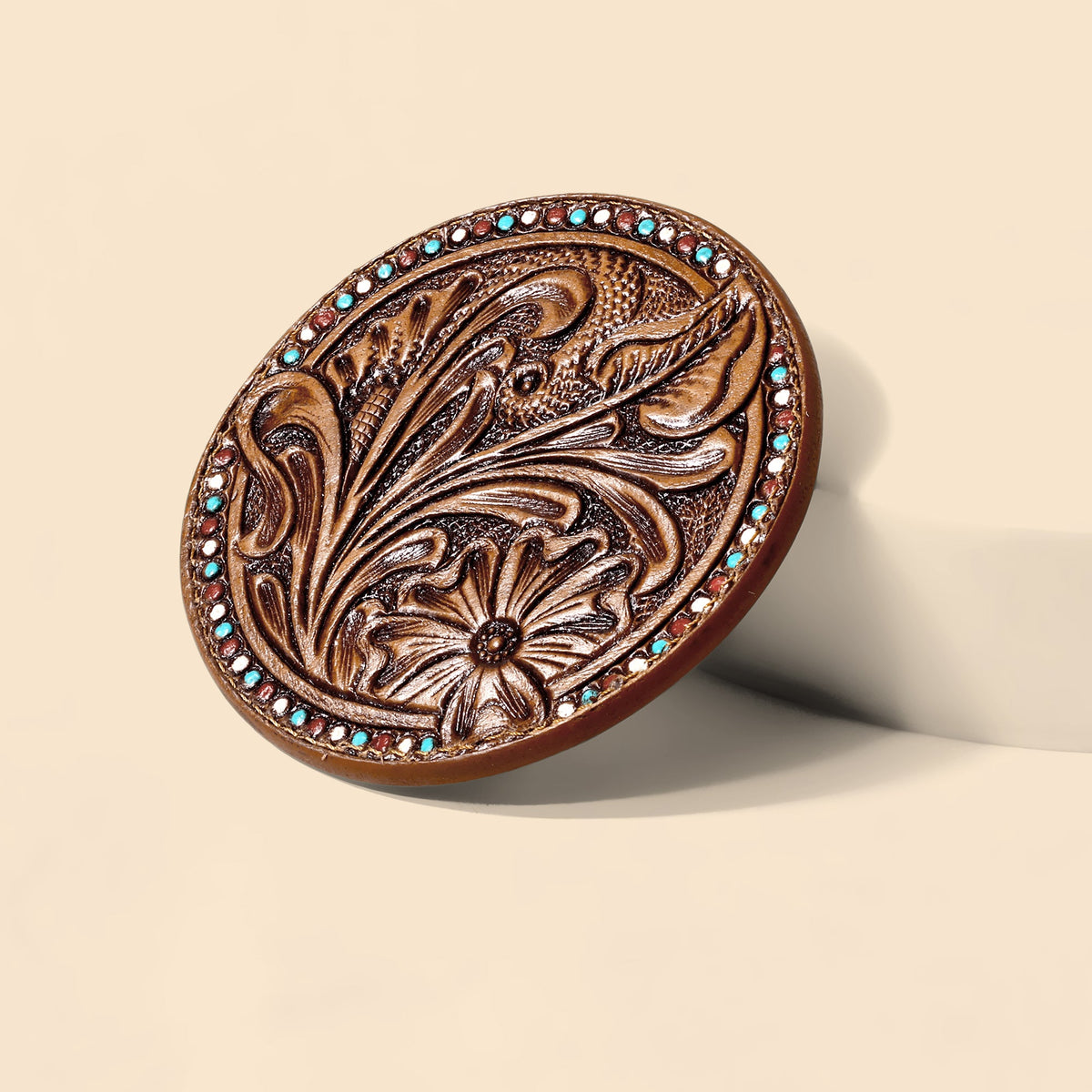 Myra Cinder Vale Mirror Case for Women in tan with hand tooled detail - Myra USA