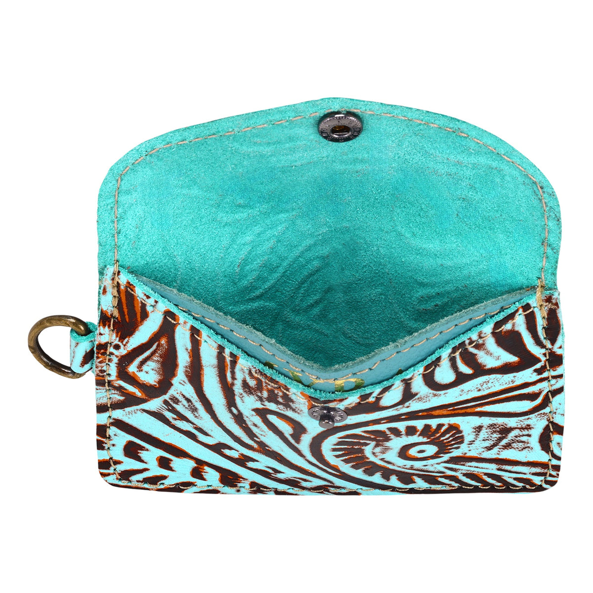 Myra Juniper Moon Embossed Leather Coin Purse in Turquoise Copper - Myra USA