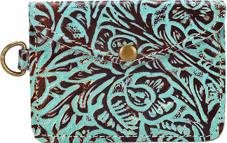 Myra Juniper Moon Embossed Leather Coin Purse in Turquoise Umber